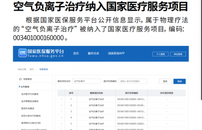 “空氣負離子治療”被納入國家醫療服務